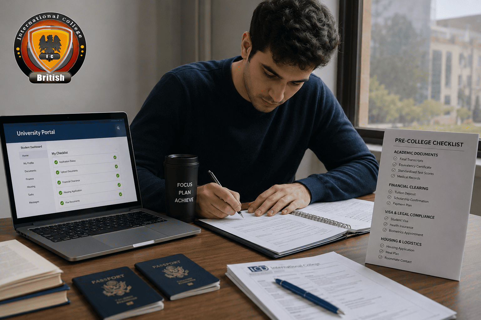 Male student reviewing documents and university enrollment paperwork for pre-college checklist MENA
